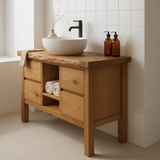 Handcrafted Solid Wood Bathroom Vanity - Live Edge Top with Drawers & Open Shelf Storage