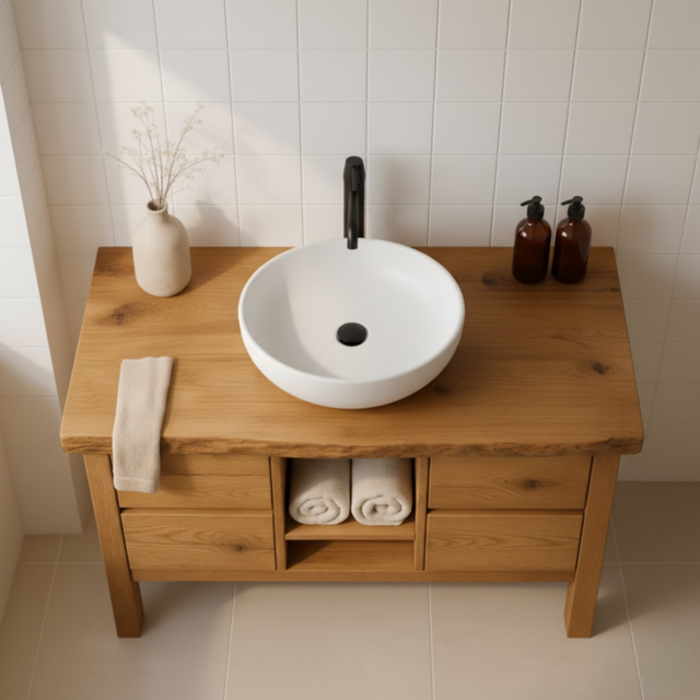 Handcrafted Solid Wood Bathroom Vanity - Live Edge Top with Drawers & Open Shelf Storage
