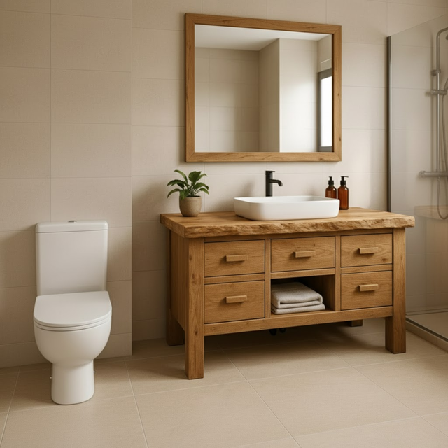 Handcrafted Solid Wood Bathroom Vanity - Live Edge Storage Cabinet with 6 Drawers & Shelf