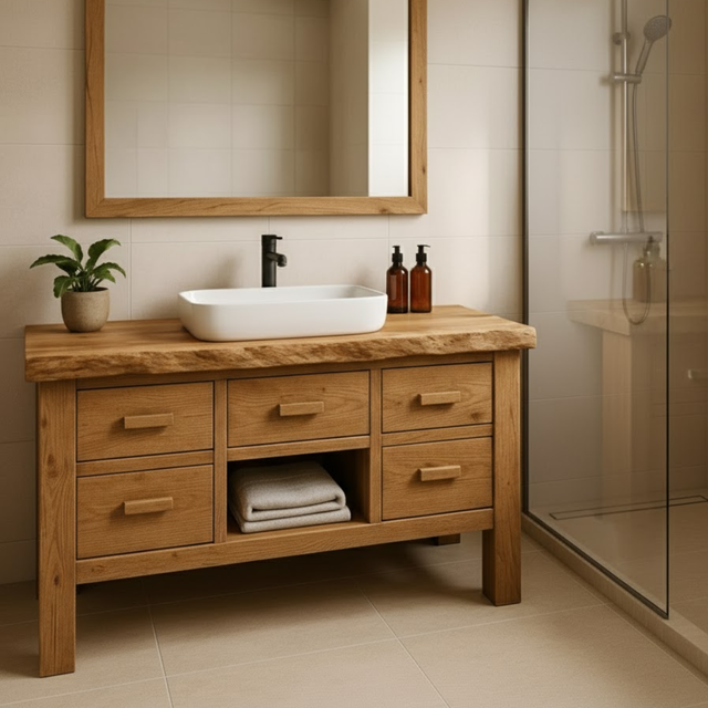 Handcrafted Solid Wood Bathroom Vanity - Live Edge Storage Cabinet with 6 Drawers & Shelf