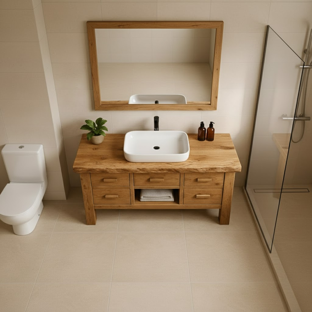 Handcrafted Solid Wood Bathroom Vanity - Live Edge Storage Cabinet with 6 Drawers & Shelf