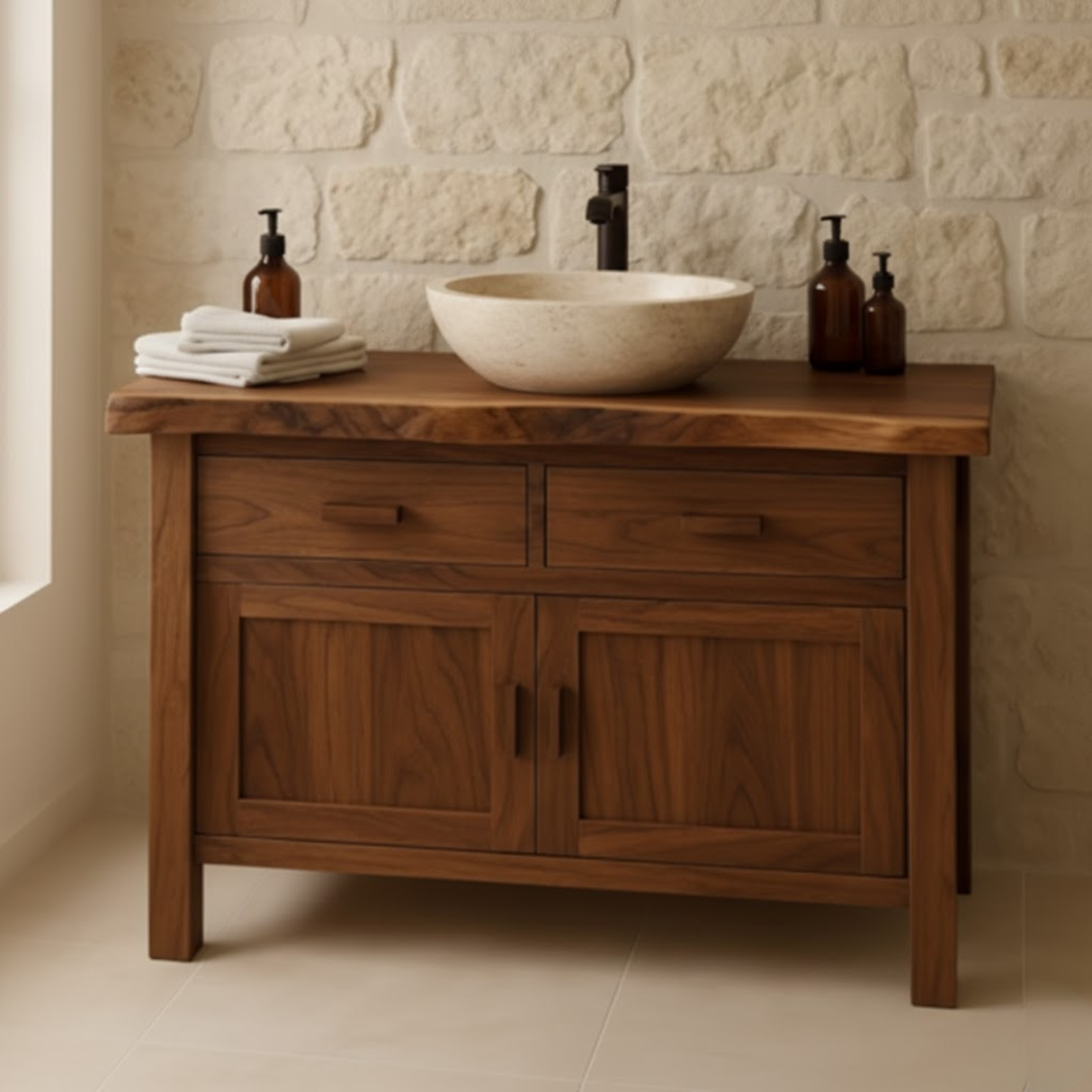 Handcrafted Solid Wood Bathroom Vanity - Live Edge Top Cabinet with Drawers & Doors