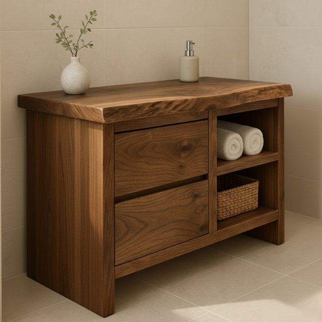 Handcrafted Solid Wood Bathroom Vanity - Rustic Drawers & Open Shelf