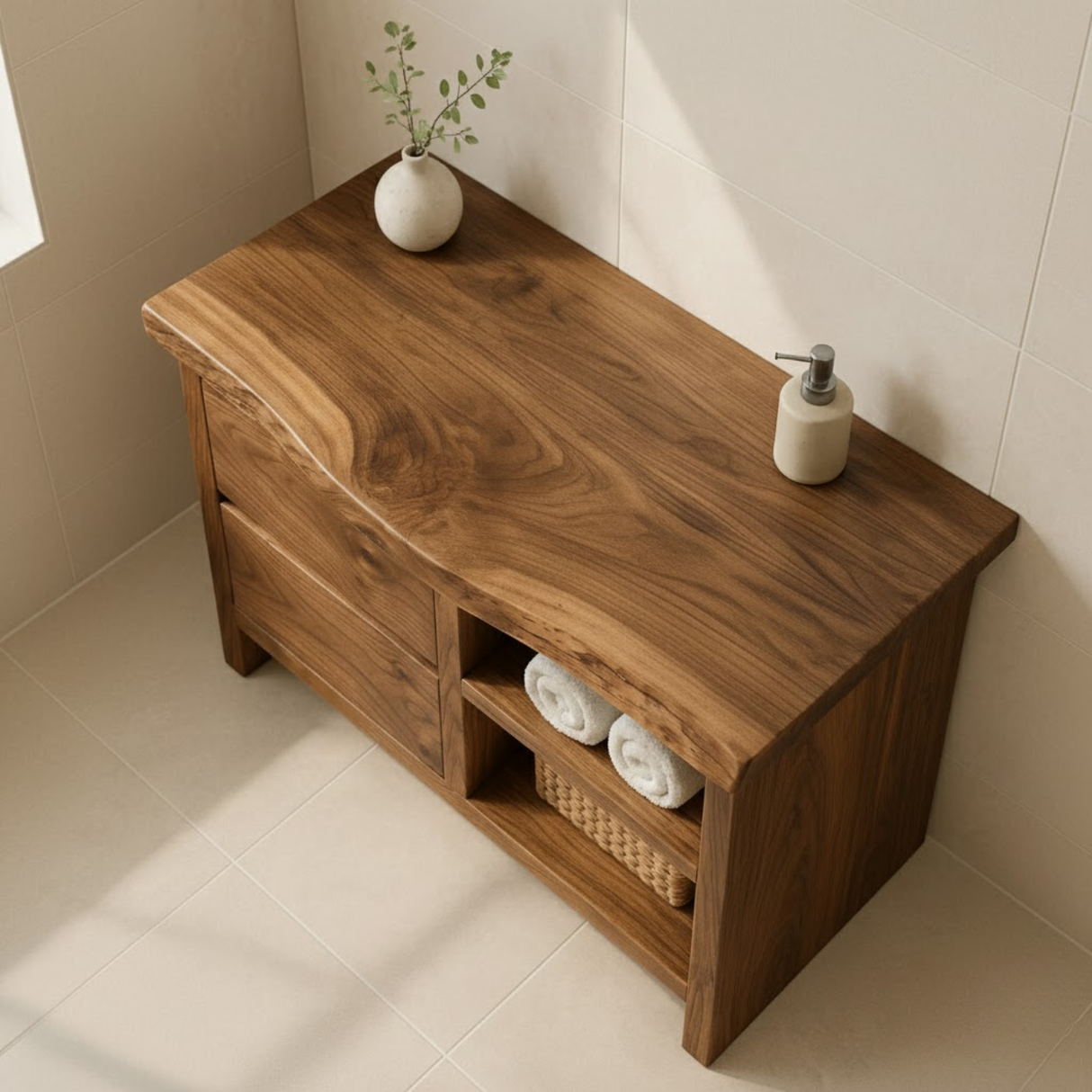 Handcrafted Solid Wood Bathroom Vanity - Rustic Drawers & Open Shelf