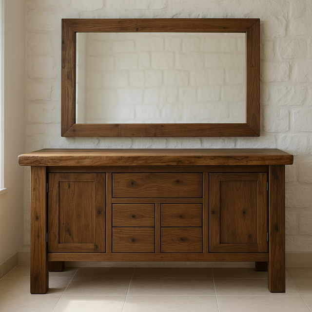 Handcrafted Solid Wood Bathroom Vanity - Live Edge Top, Cabinets, Drawers & Vessel Sink Base