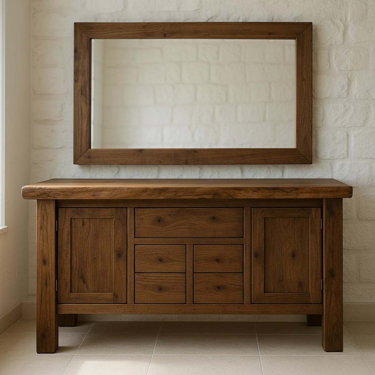 Handcrafted Solid Wood Bathroom Vanity - Live Edge Top, Cabinets, Drawers & Vessel Sink Base