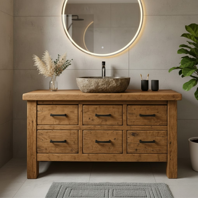 Handcrafted Soild Wood Bathroom Vanity - Farmhouse Storage Cabinet with 6 Drawers