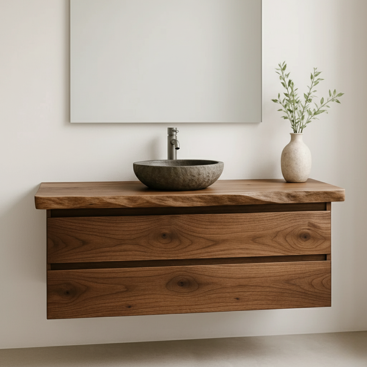 Handcrafted Solid Wood Floating Vanity - Modern Live Edge Wall-Mounted Cabinet