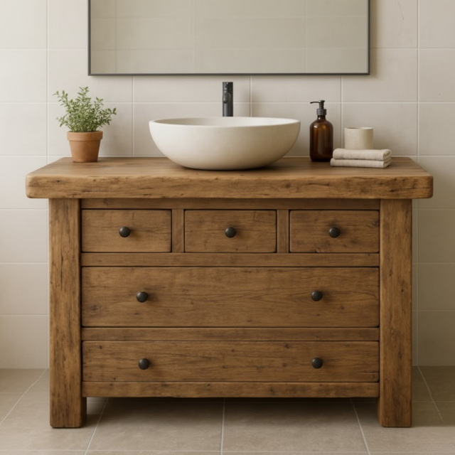 Handcrafted Solid Wood Single Bathroom Vanity - Rustic Storage Cabinet with Drawers