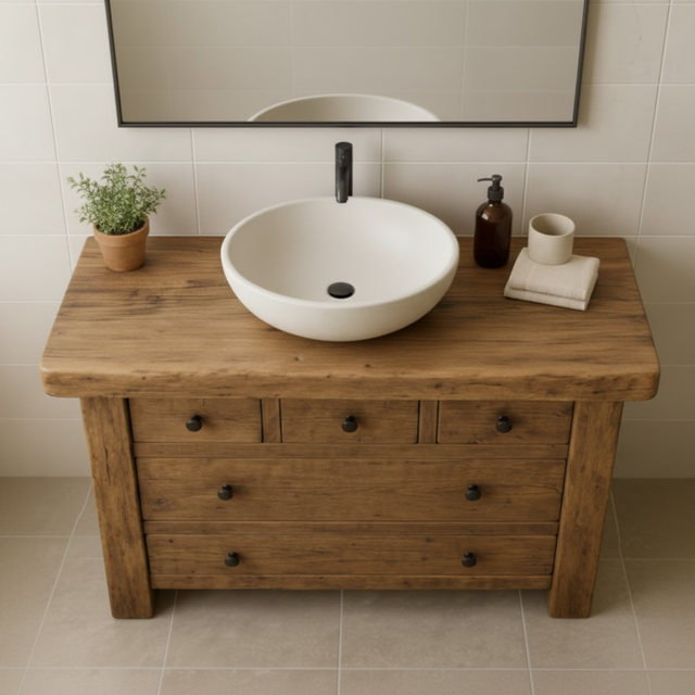 Handcrafted Solid Wood Single Bathroom Vanity - Rustic Storage Cabinet with Drawers