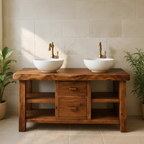 Handcrafted Solid Wood Floating Double Vanity - Live Edge Top, 2 Drawers & Open Shelves