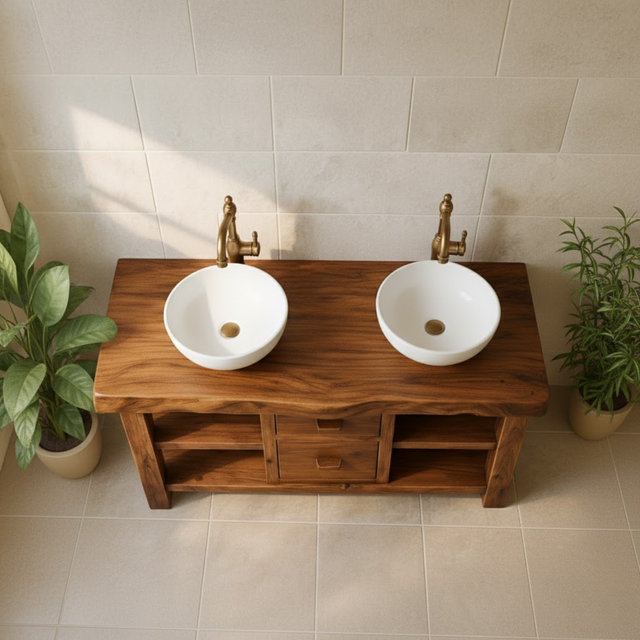 Handcrafted Solid Wood Floating Double Vanity - Live Edge Top, 2 Drawers & Open Shelves