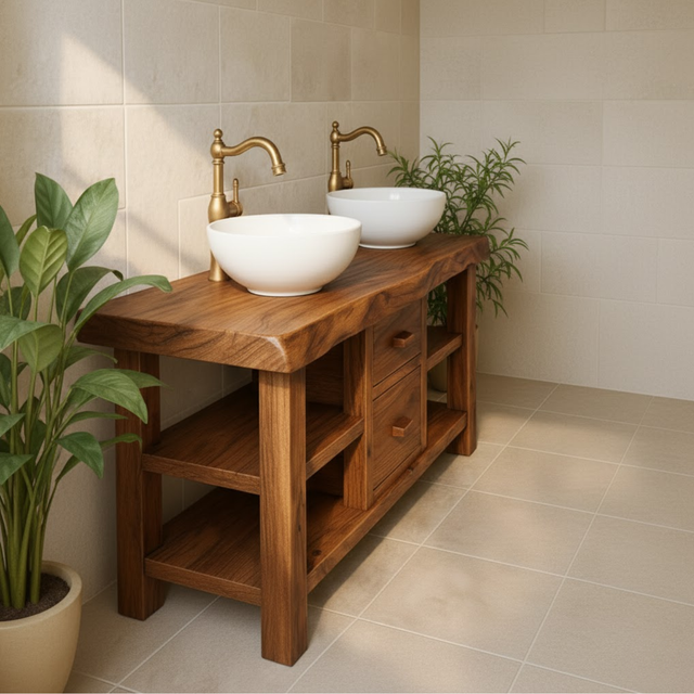 Handcrafted Solid Wood Floating Double Vanity - Live Edge Top, 2 Drawers & Open Shelves