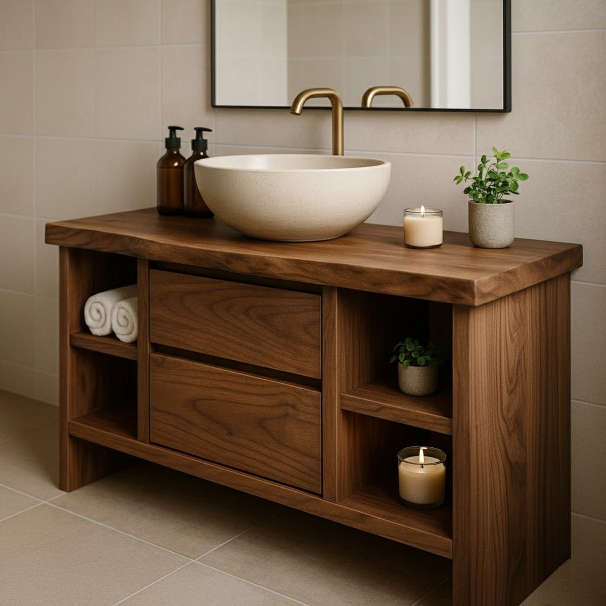 Handcrafted Solid Wood Single Vanity - Rustic Walnut Live Edge Bathroom Console