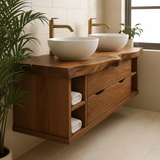 Handcrafted Solid Wood Live-Edge Double Vanity - Rustic Floating Console with Storage