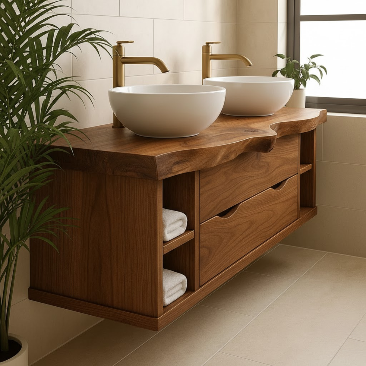 Handcrafted Solid Wood Live-Edge Double Vanity - Rustic Floating Console with Storage