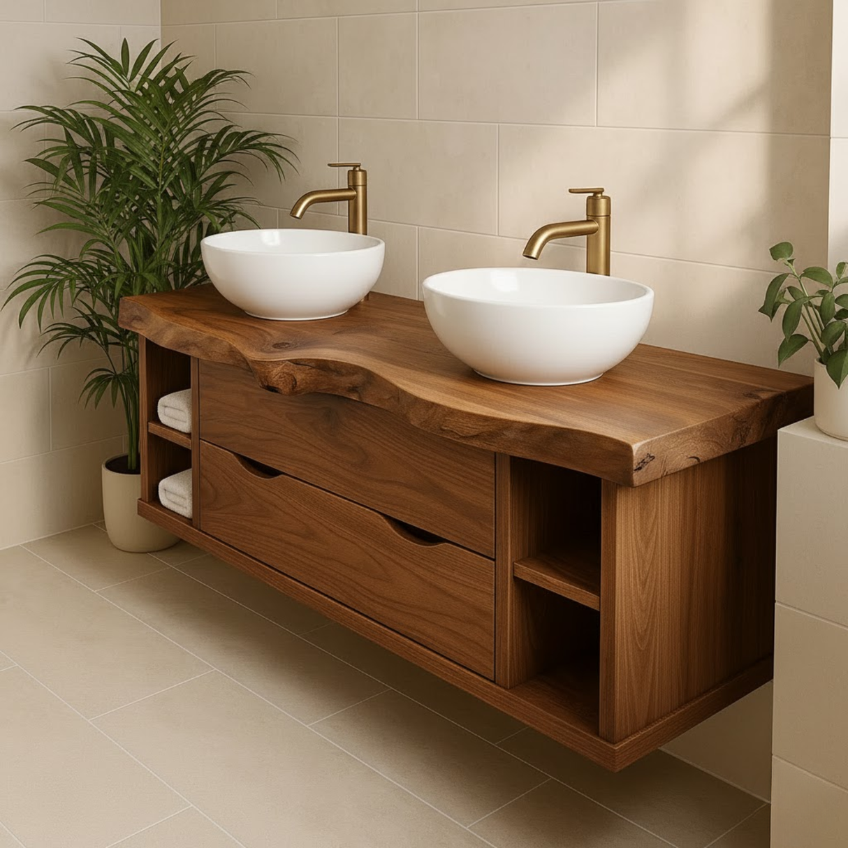 Handcrafted Solid Wood Live-Edge Double Vanity - Rustic Floating Console with Storage