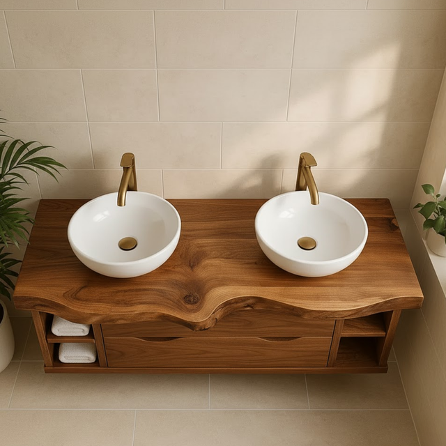 Handcrafted Solid Wood Live-Edge Double Vanity - Rustic Floating Console with Storage