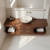 Handcrafted Solid Wood Floating Vanity - Modern Walnut Bathroom Console with Vessel Sink