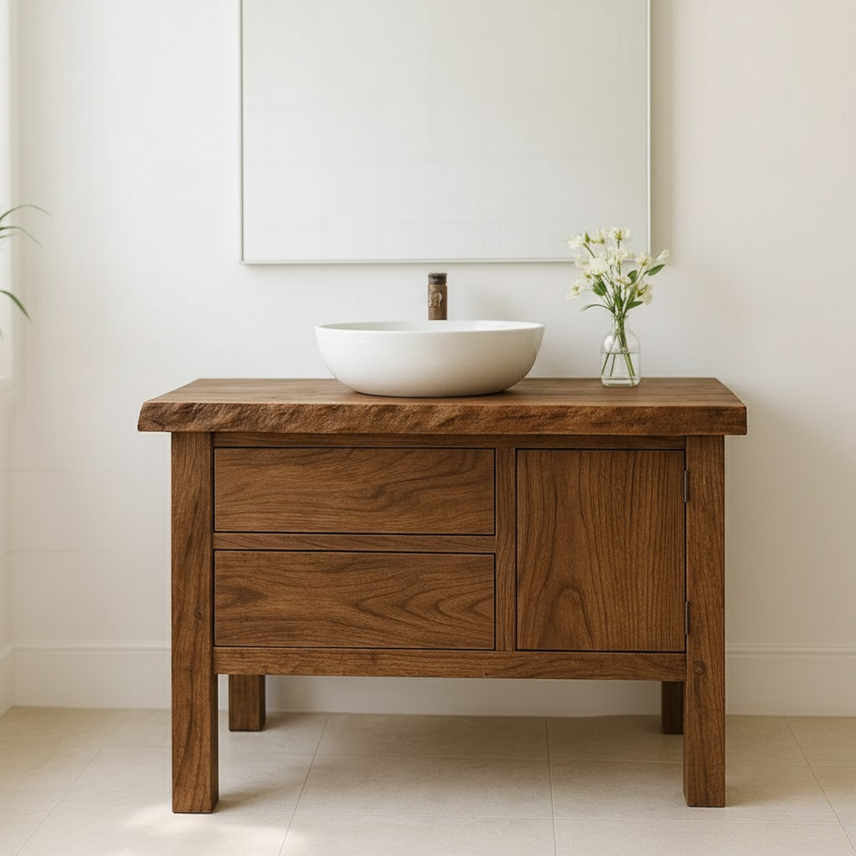 Handcrafted Solid Wood Bathroom Vanity - Live Edge Top, 2 Drawers & Single Door Cabinet