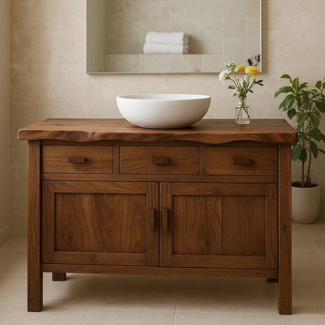 Handcrafted Solid Wood Bathroom Vanity - Live Edge Top, 3 Drawers & Double Door Cabinet