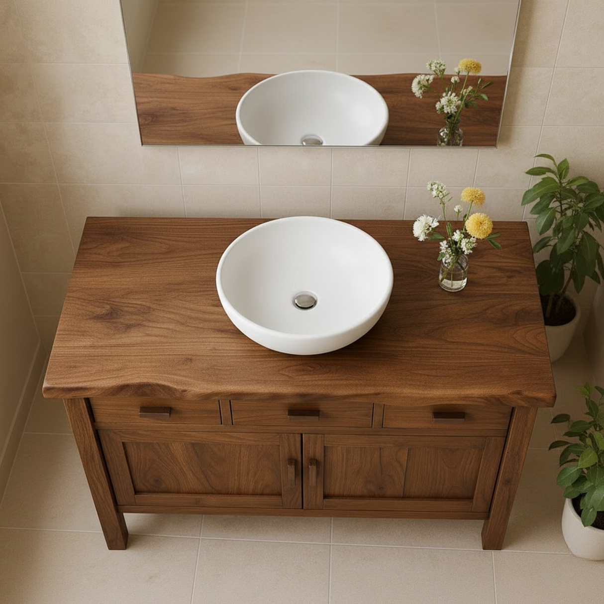 Handcrafted Solid Wood Bathroom Vanity - Live Edge Top, 3 Drawers & Double Door Cabinet