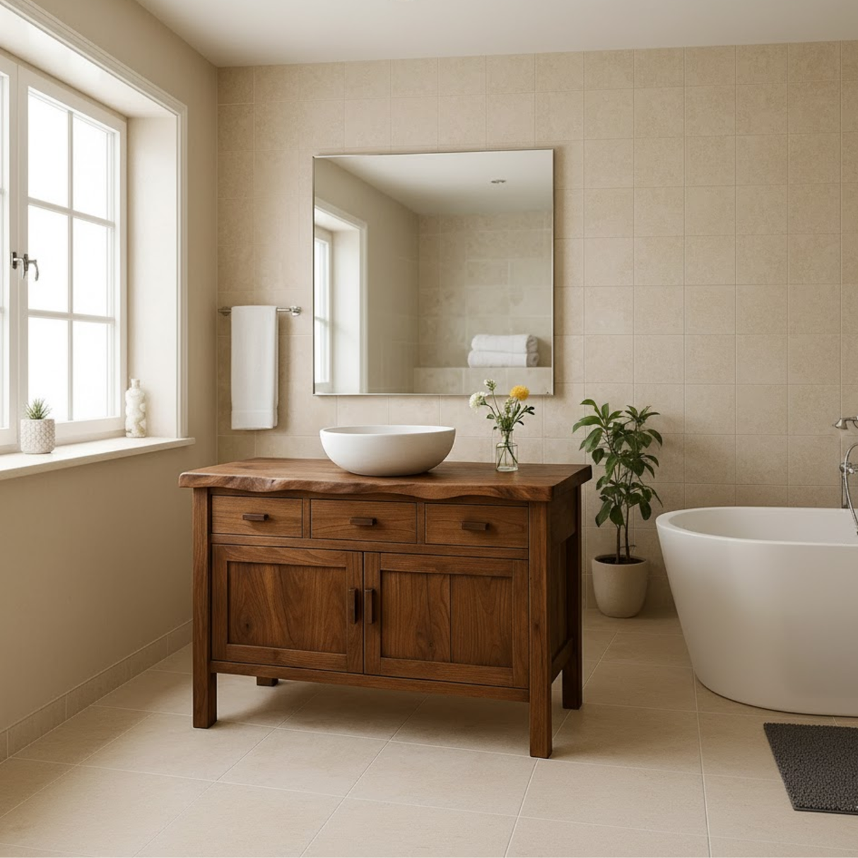 Handcrafted Solid Wood Bathroom Vanity - Live Edge Top, 3 Drawers & Double Door Cabinet