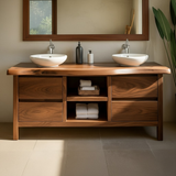 Handcrafted Solid Wood Bathroom Vanity - Live Edge Walnut, Drawers & Open Shelving