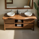 Handcrafted Solid Wood Bathroom Vanity - Live Edge Walnut, Drawers & Open Shelving