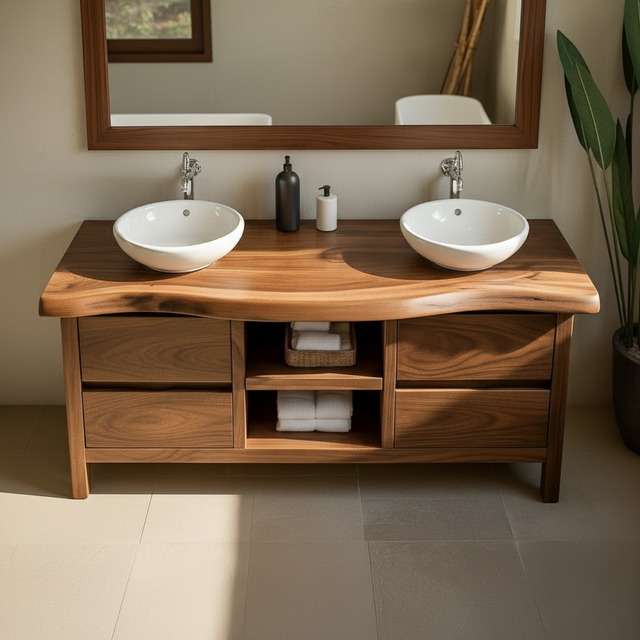 Handcrafted Solid Wood Bathroom Vanity - Live Edge Walnut, Drawers & Open Shelving