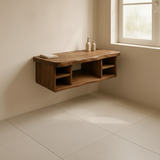 Handcrafted Solid Wood Floating Vanity - All Open Live Edge Console with Display Shelves