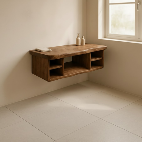 Handcrafted Solid Wood Floating Vanity - All Open Live Edge Console with Display Shelves