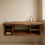 Handcrafted Solid Wood Floating Vanity - All Open Live Edge Console with Display Shelves