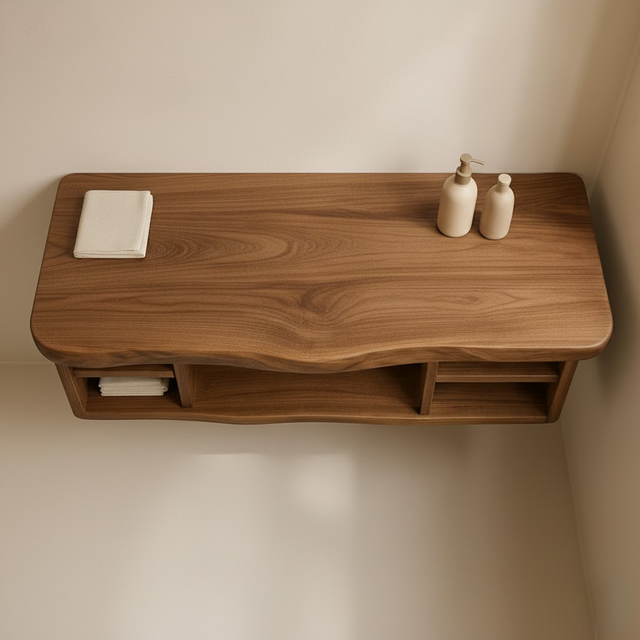 Handcrafted Solid Wood Floating Vanity - All Open Live Edge Console with Display Shelves