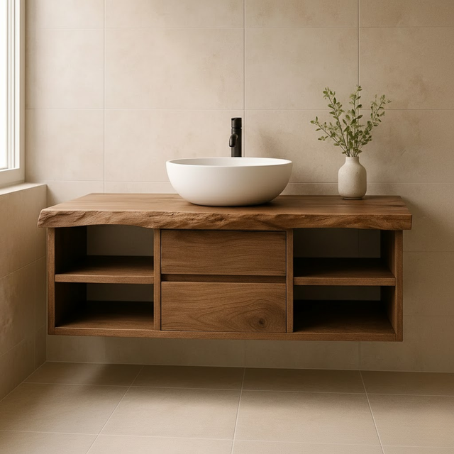 Handcrafted Solid Wood Floating Vanity - Live Edge Console with Central Drawers & Open Shelving