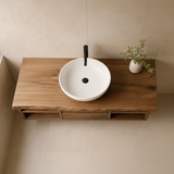 Handcrafted Solid Wood Floating Vanity - Live Edge Console with Central Drawers & Open Shelving