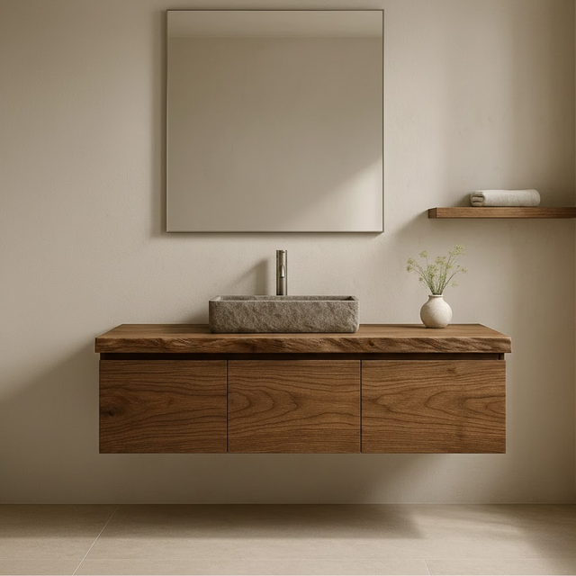 Handcrafted Solid Wood Floating Vanity - 3-Drawer Live Edge Walnut for Vessel Sink