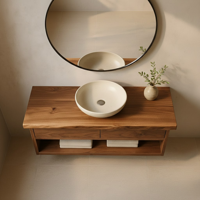 Handcrafted Solid Wood Floating Vanity - Live Edge Walnut with 2 Drawers & Open Shelf