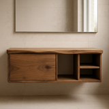 Handcrafted Solid Wood Floating Vanity - Asymmetrical Walnut Console with Hidden & Open Storage
