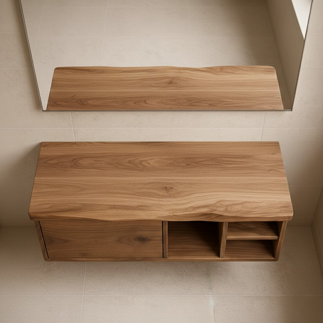 Handcrafted Solid Wood Floating Vanity - Asymmetrical Walnut Console with Hidden & Open Storage