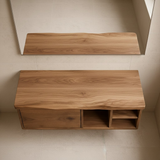 Handcrafted Solid Wood Floating Vanity - Asymmetrical Walnut Console with Hidden & Open Storage