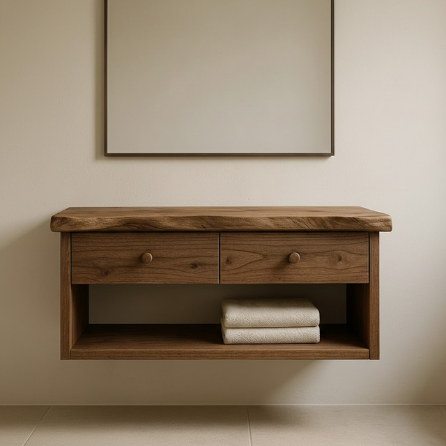 Handcrafted Solid Wood Floating Vanity - Live Edge Walnut Console with 2 Drawers & Open Shelf