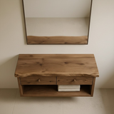 Handcrafted Solid Wood Floating Vanity - Live Edge Walnut Console with 2 Drawers & Open Shelf