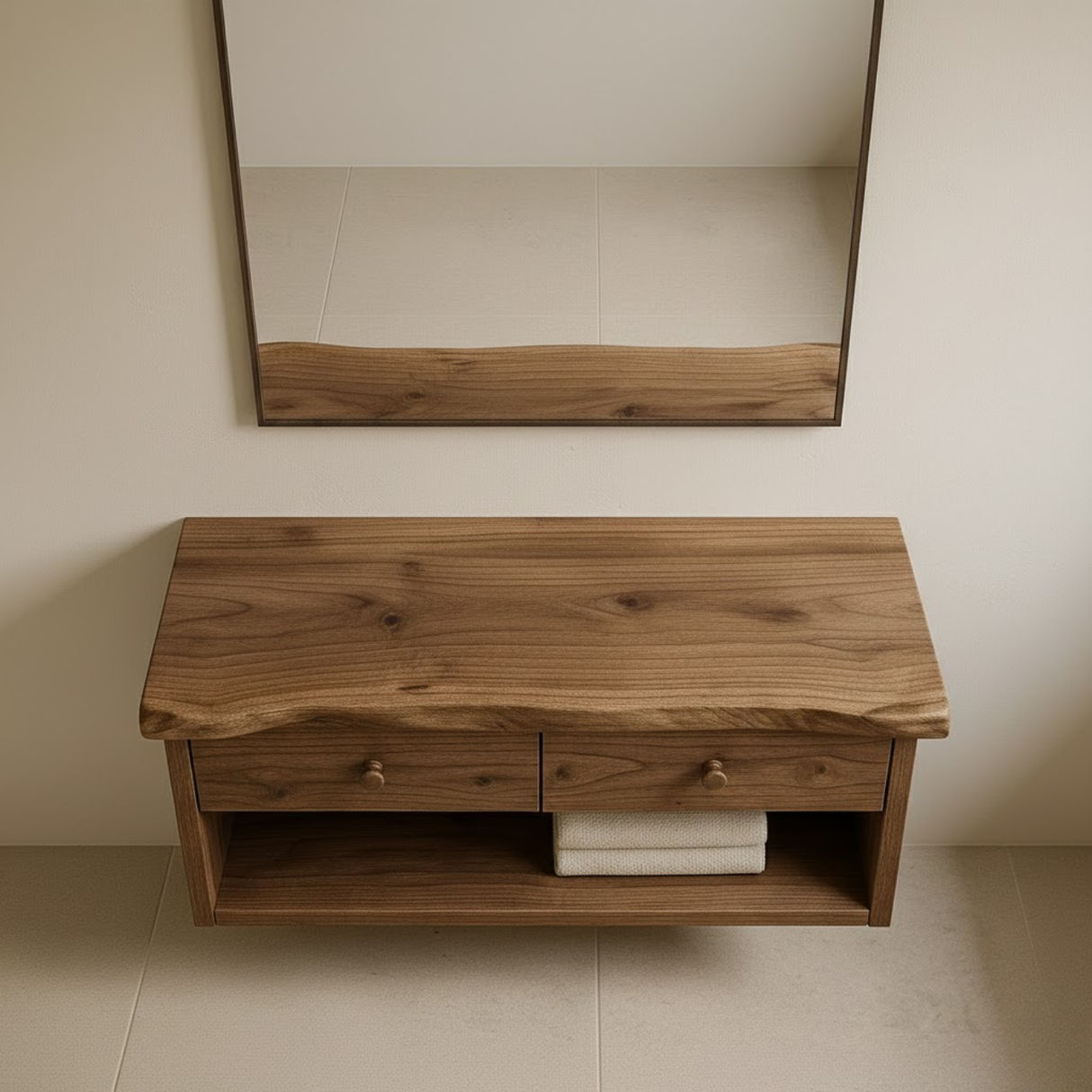 Handcrafted Solid Wood Floating Vanity - Live Edge Walnut Console with 2 Drawers & Open Shelf