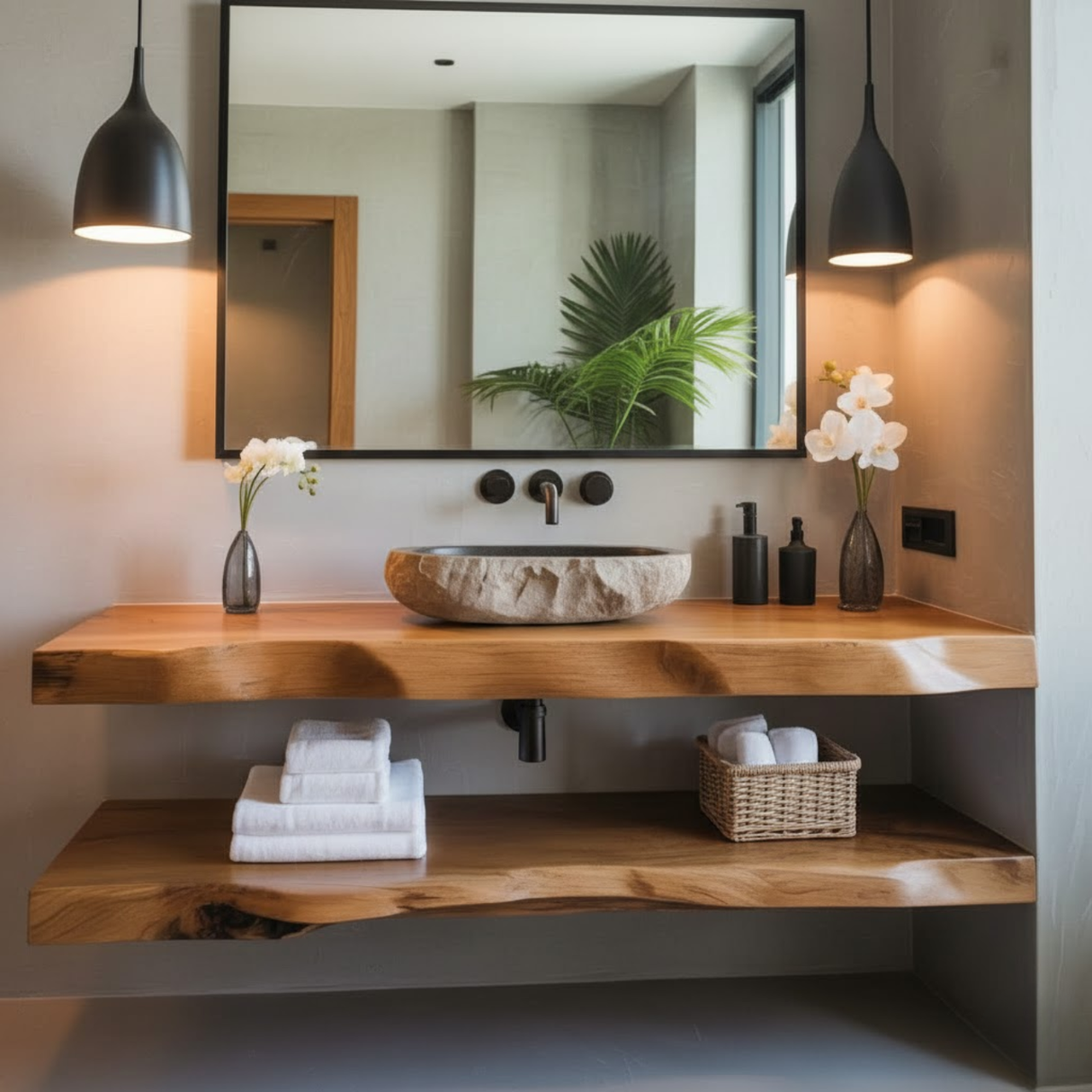 Handcrafted Solid Wood Floating Vanity, Organic Live Edge Vessel Sink Console