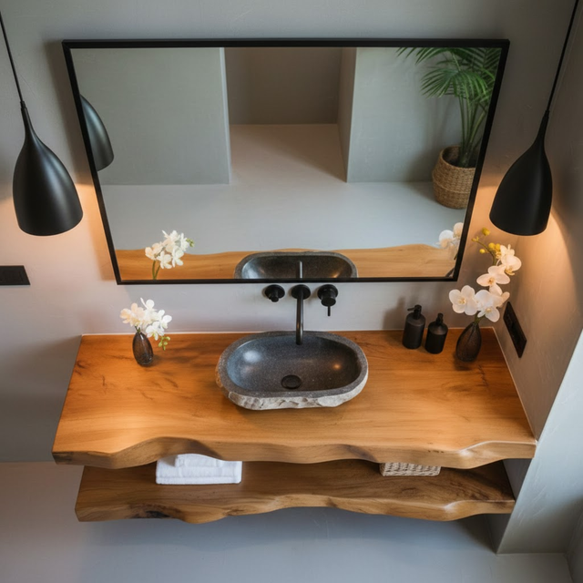 Handcrafted Solid Wood Floating Vanity, Organic Live Edge Vessel Sink Console