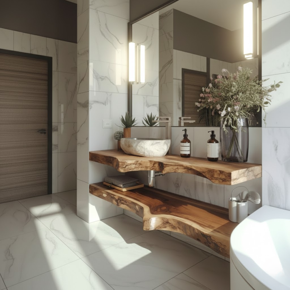 Handcrafted Solid Wood Floating Vanity – Live Edge Two-Tier Console