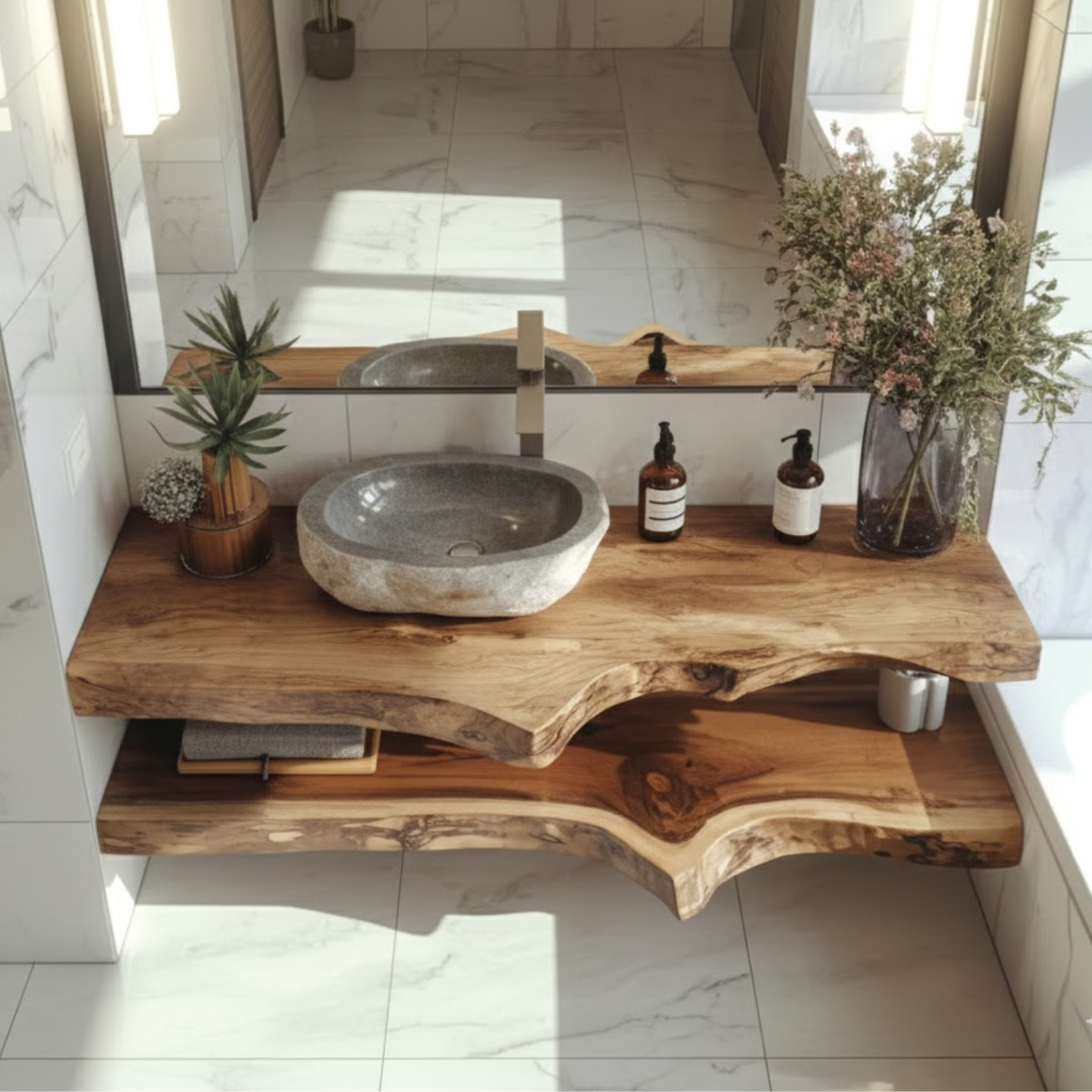 Handcrafted Solid Wood Floating Vanity – Live Edge Two-Tier Console