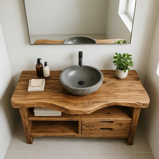 Handcrafted Solid Wood Bathroom Vanity, Rustic Live Edge Console with Storage