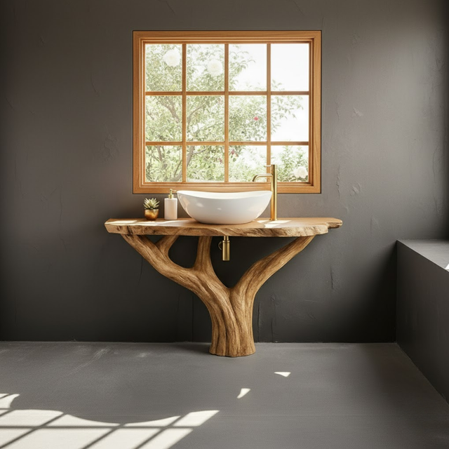 Handcrafted Solid Wood Bathroom Vanity - Unique Live Edge Tree Root Console